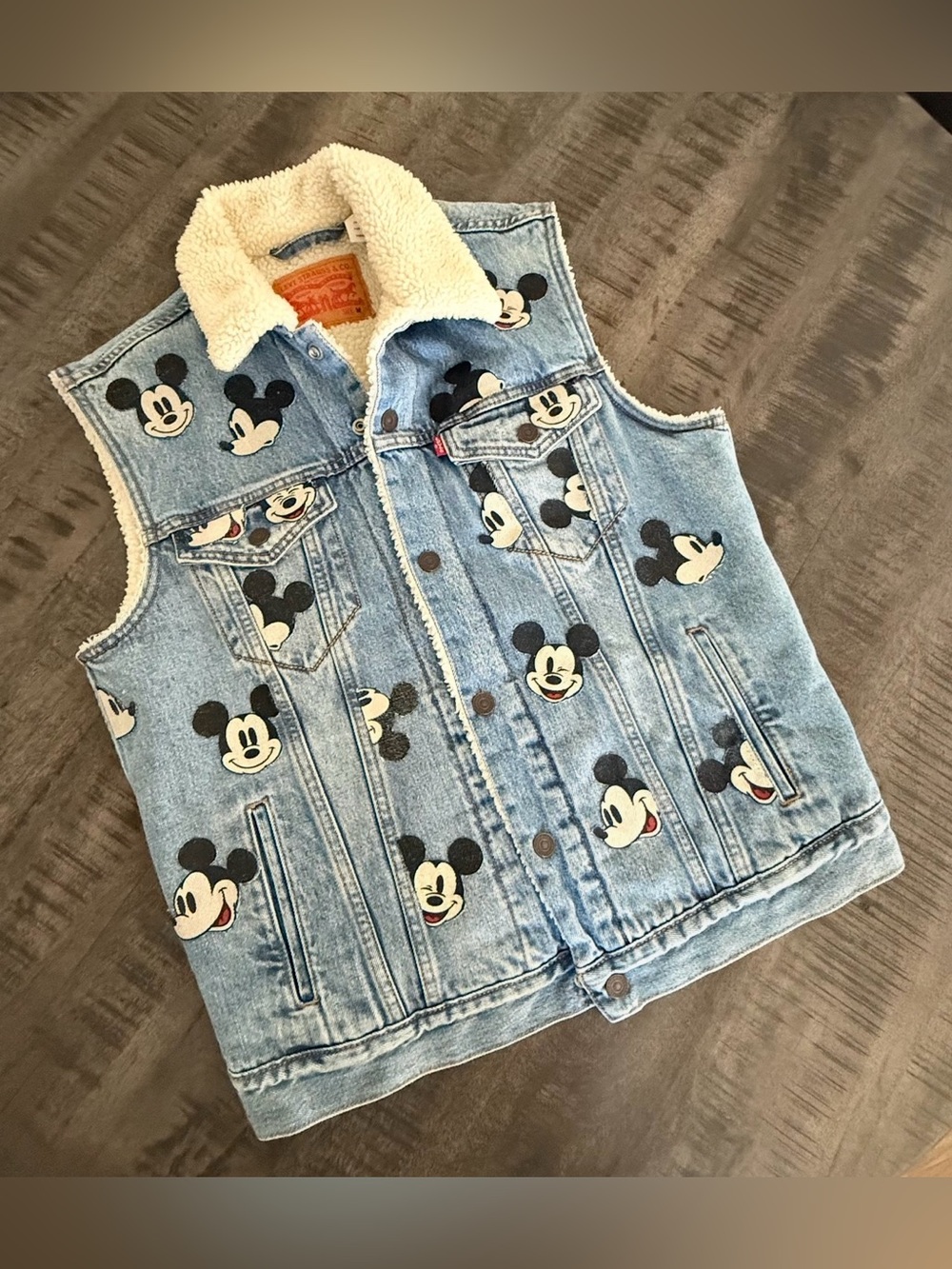 Levi's Light Blue Sherpa-Lined Denim Vest with Mickey Print